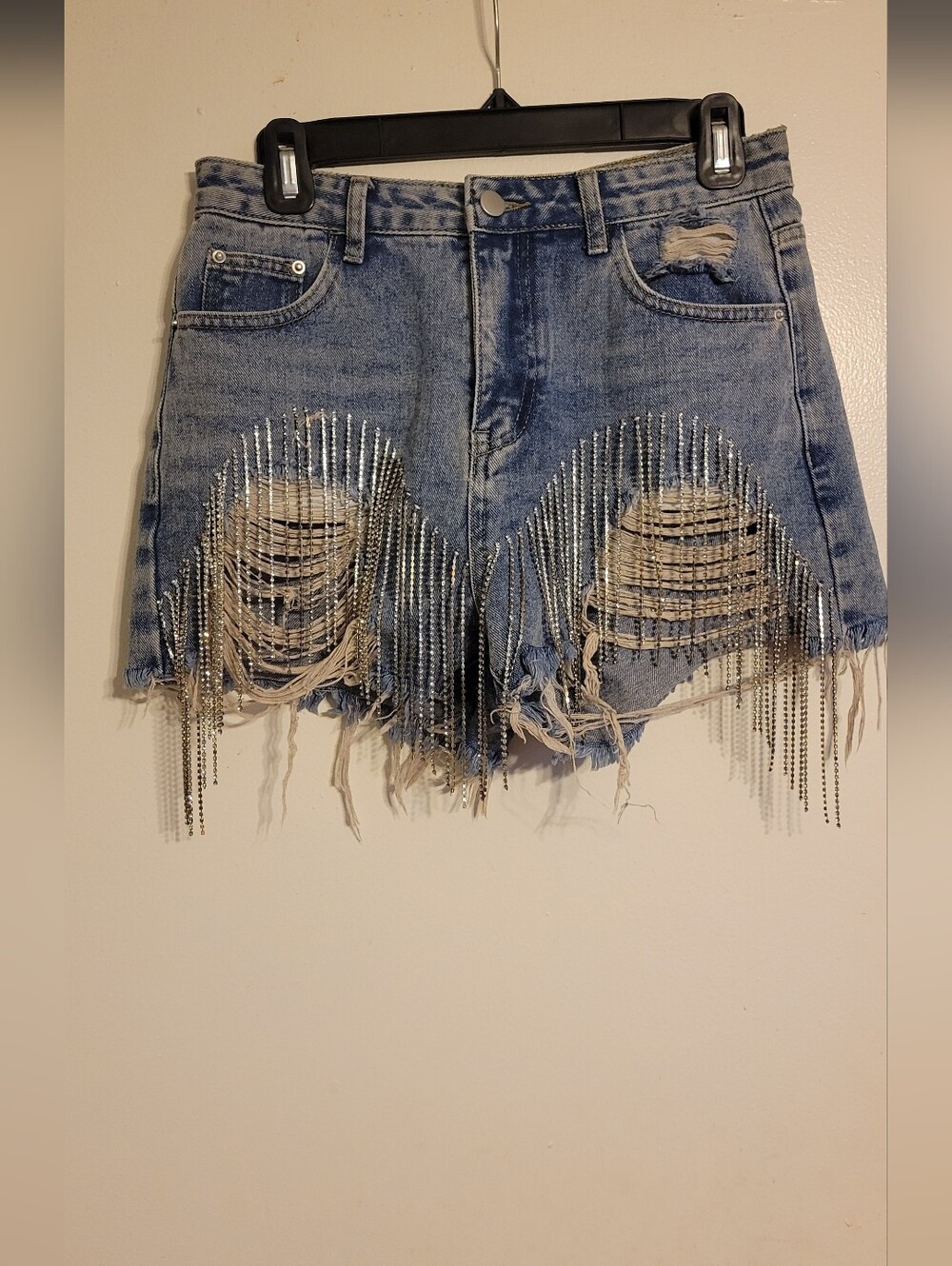 Rhinestone Fringe Distressed Denim Shorts - Light Blue